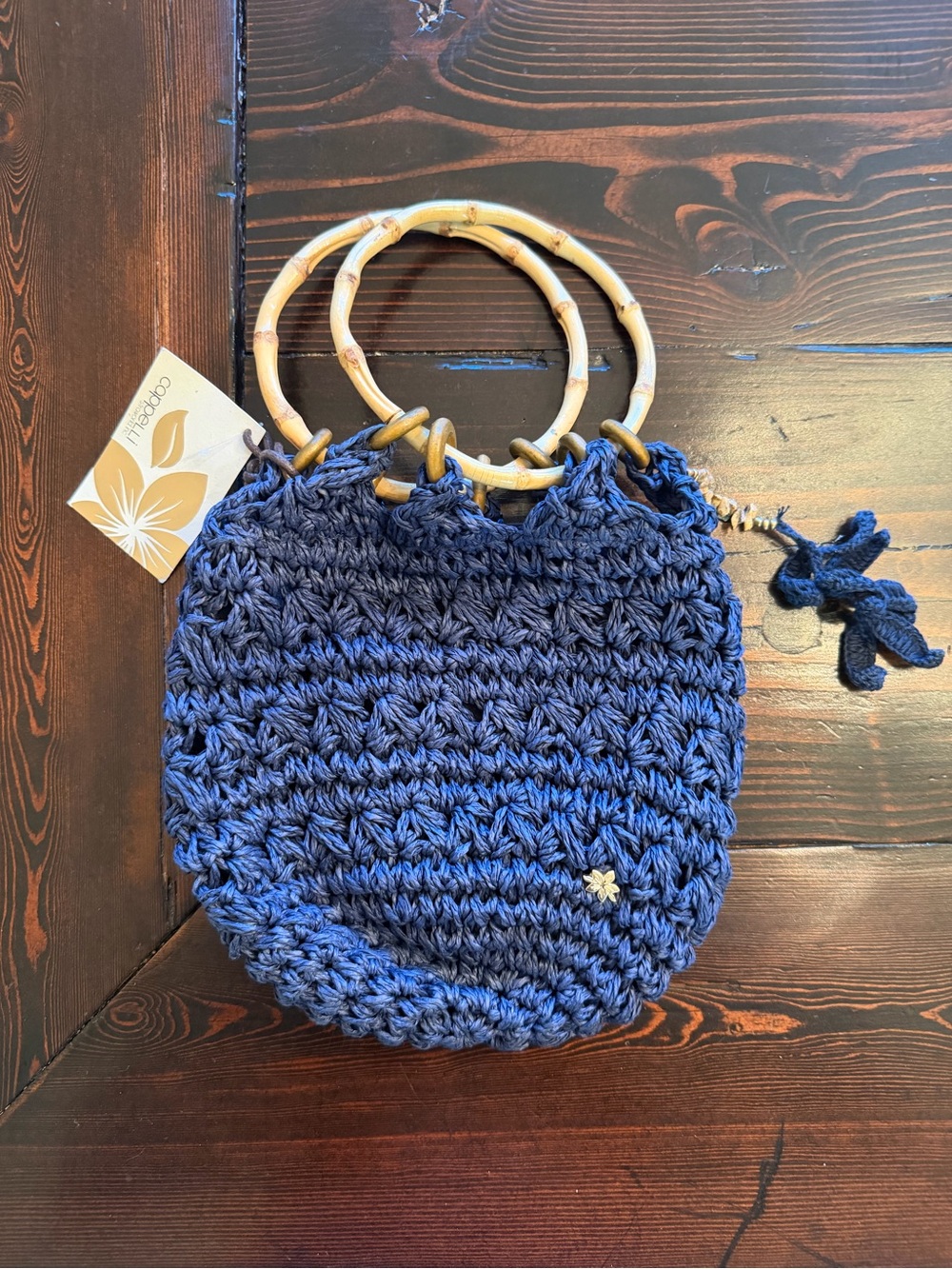 NWT Cappelli blue crochet bag with bamboo hoop handles